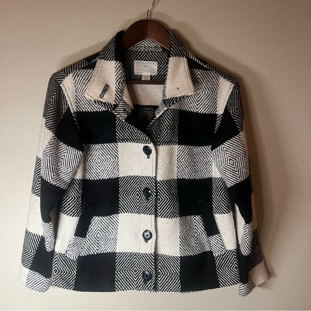 CASLON Women’s Buffalo Check Button Up Shirt Jacket Plaid Black and Ivory XS